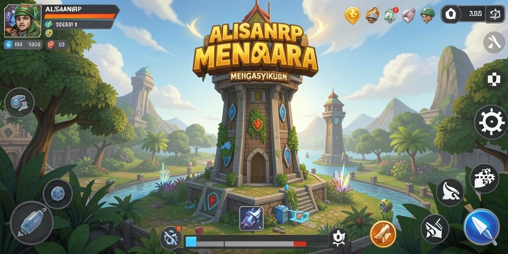 Screenshot gameplay ALISANRP yang menampilkan menara dan musuh dalam aksi.