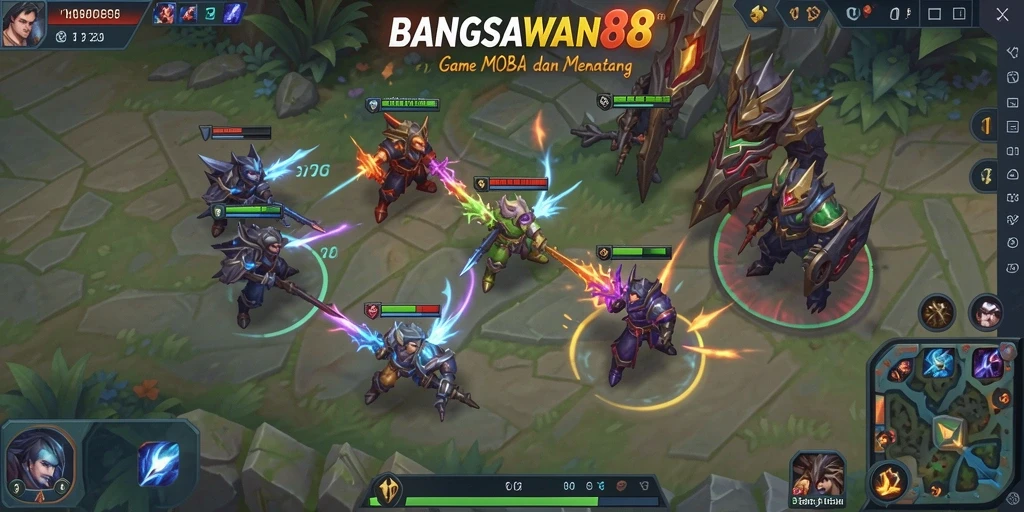 Screenshot BANGSAWAN88 menampilkan pertempuran seru dalam gameplay MOBA.